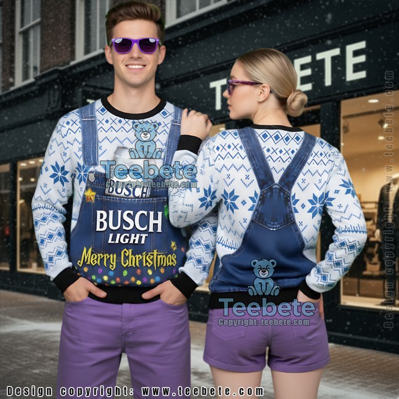 Busch Light Ugly Christmas Sweater Overalls Beer Can Funny