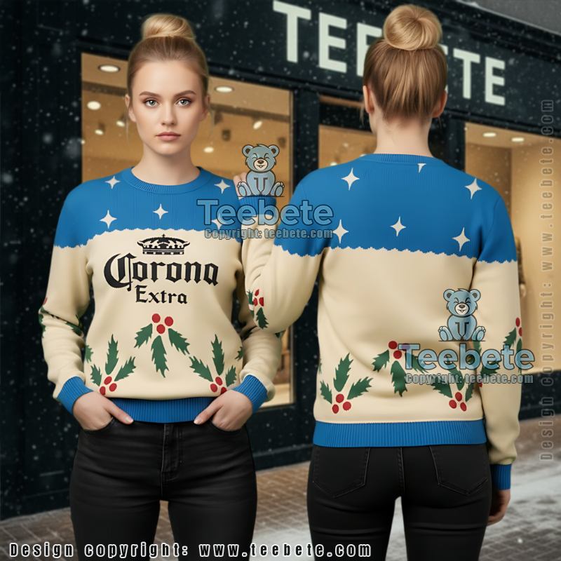 Corona Extra Ugly Christmas Sweater Blue Cream Festive Drinking Apparel