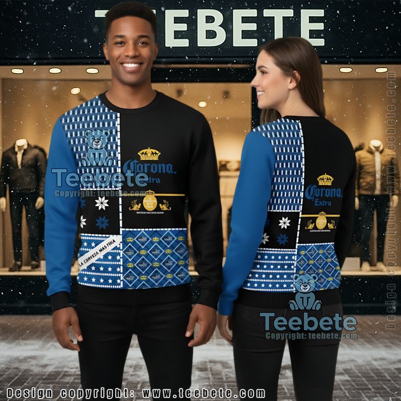 Corona Extra Ugly Christmas Sweater Retro Blue Black Jumper