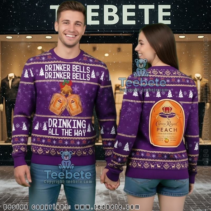 Crown Royal Ugly Christmas Sweater Peach Drinker Bells Drinking All The Way Funny