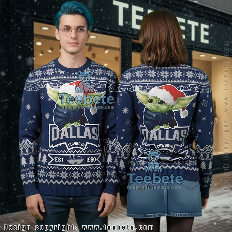 Dallas Cowboys Baby Yoda Claus Ugly Sweaters For Couples Blue