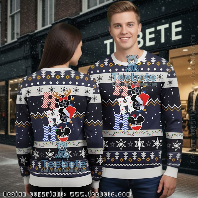 Dallas Cowboys Ho Ho Ho Mickey Santa Ugly Xmas Sweater Party Blue