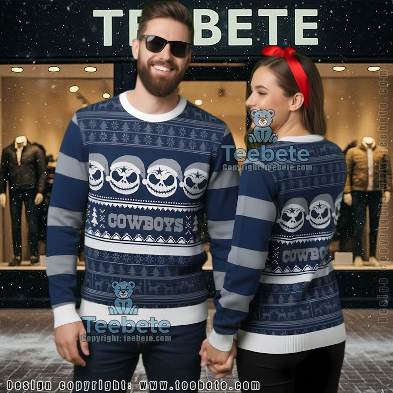 Dallas Cowboys Jack Skellington Face Ugly Funny Ugly Christmas Sweater Blue