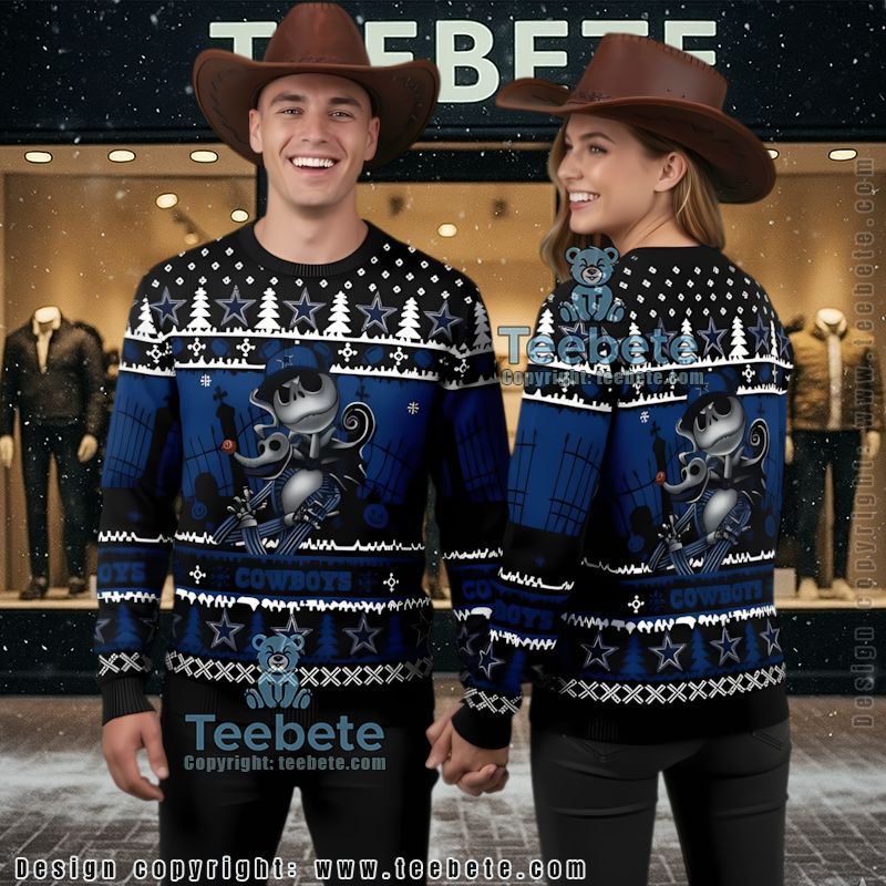 Dallas Cowboys Jack Skellington Ugly Christmas Sweater Party Black Blue
