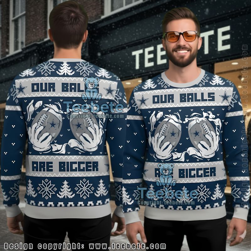 Dallas Cowboys Our Balls Are Biccer Logo Couples Ugly Christmas Sweaters Blue