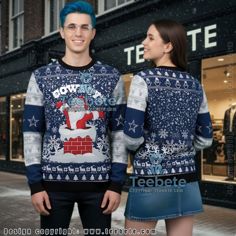 Dallas Cowboys Santa Claus On Chimney Cool Ugly Christmas Sweater Blue