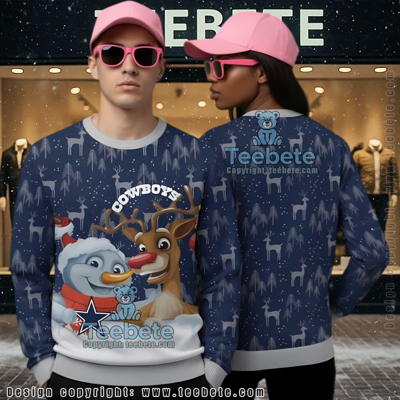 Dallas Cowboys Snowman And Reindeer Ugly Xmas Sweater Party Blue