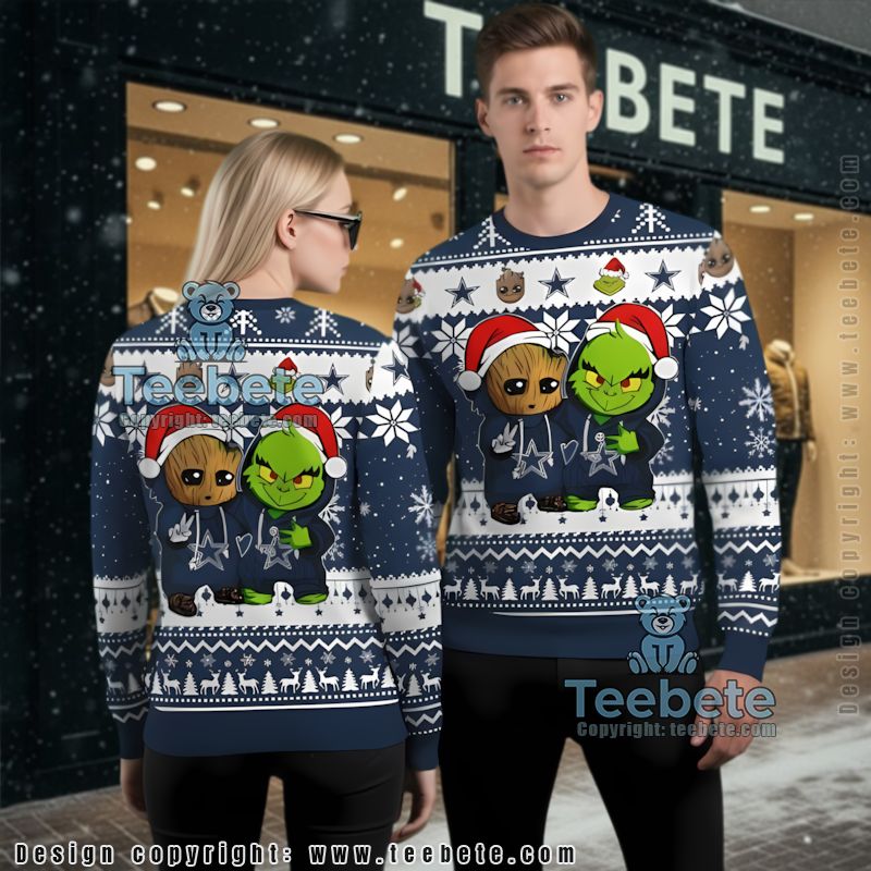 Dallas Cowboys The Grinch And Baby Groot Best Christmas Ugly Sweaters Blue