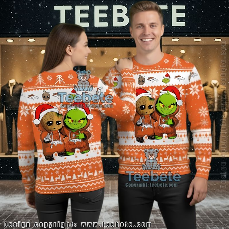 Denver Broncos Baby Groot Grinch Ugly Christmas Sweatshirt Orange White