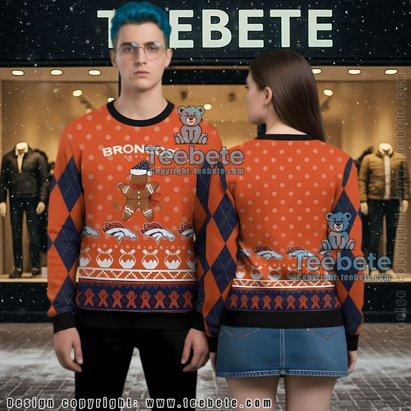 Denver Broncos Gingerbread Ugly Christmas Sweater Mens Blue Orange