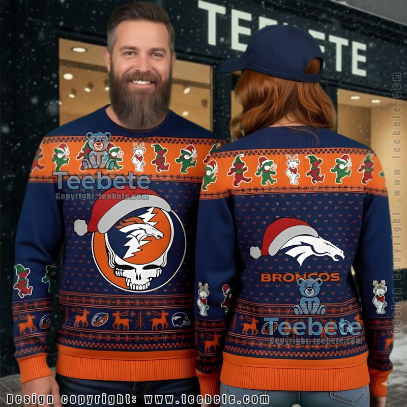 Denver Broncos Grateful Dead Ugly Christmas Sweater Blue Orange