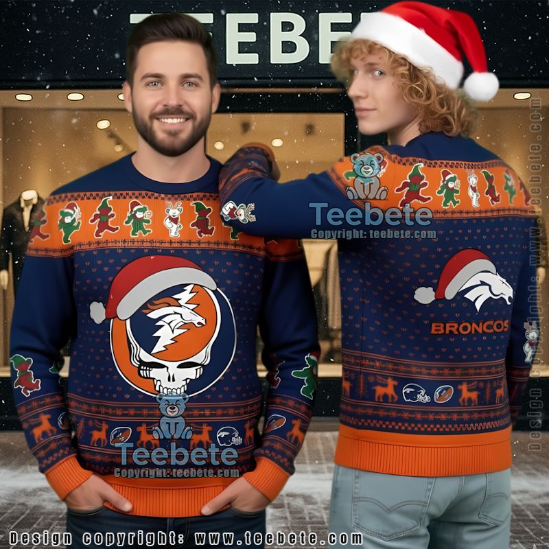 Denver Broncos Grateful Dead Ugly Christmas Sweater Blue Orange Denver Broncos Grateful Dead Ugly Christmas Sweater Blue Orange