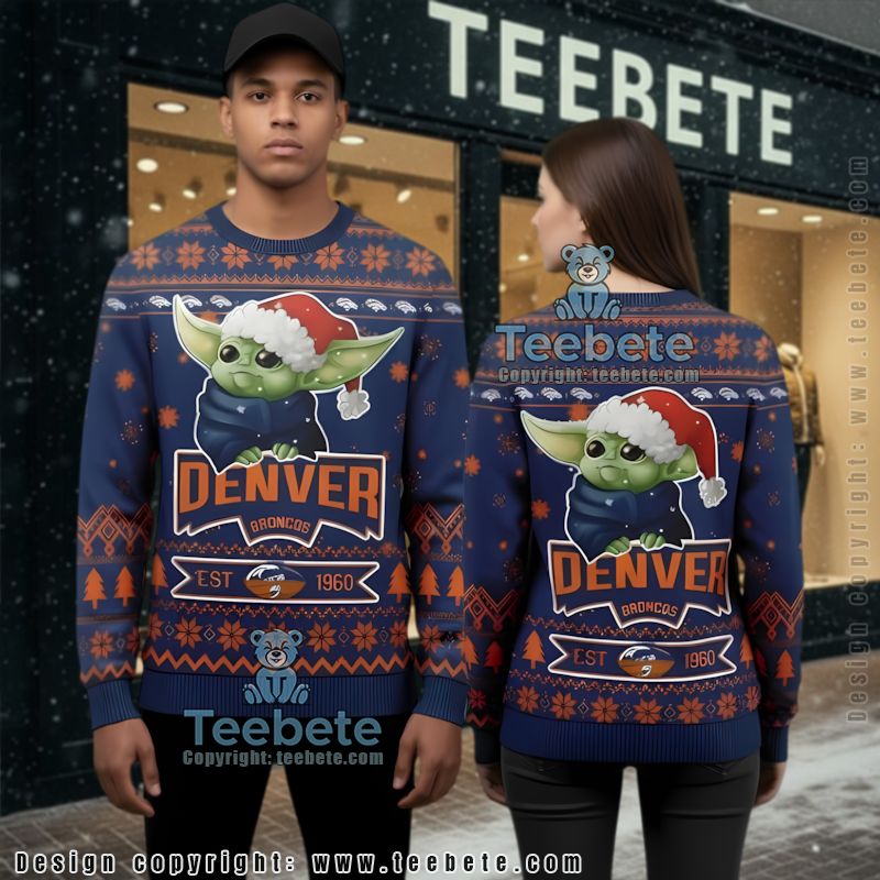 Denver Broncos Grogu Ugly Christmas Sweater Blue Orange Friends