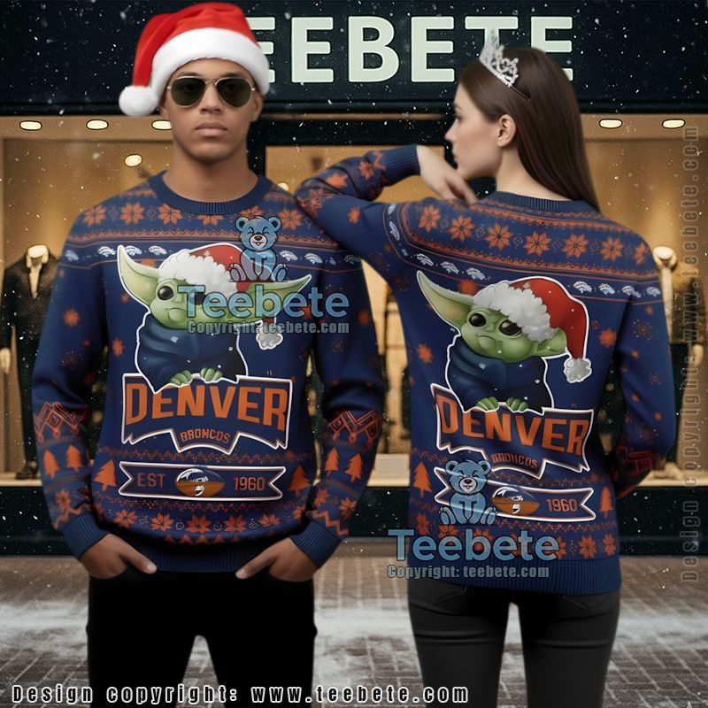 Denver Broncos Grogu Ugly Christmas Sweater Blue Orange Friends Denver Broncos Grogu Ugly Christmas Sweater Blue Orange Friends