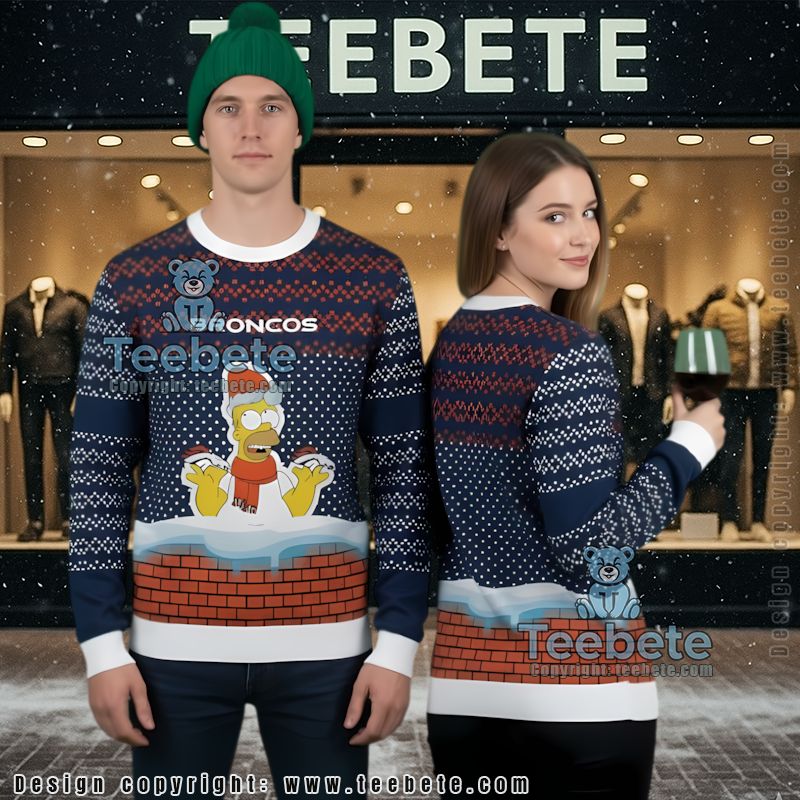 Denver Broncos Homer Simpson Ugly Christmas Sweater Blue Couples Holiday