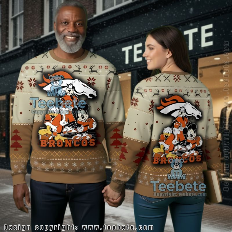 Denver Broncos Mickey Donald Goofy Ugly Christmas Sweatshirt Grey