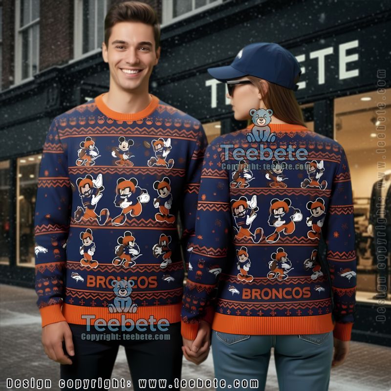 Denver Broncos Mickey Mouse Ugly Christmas Sweater Best Orange Blue