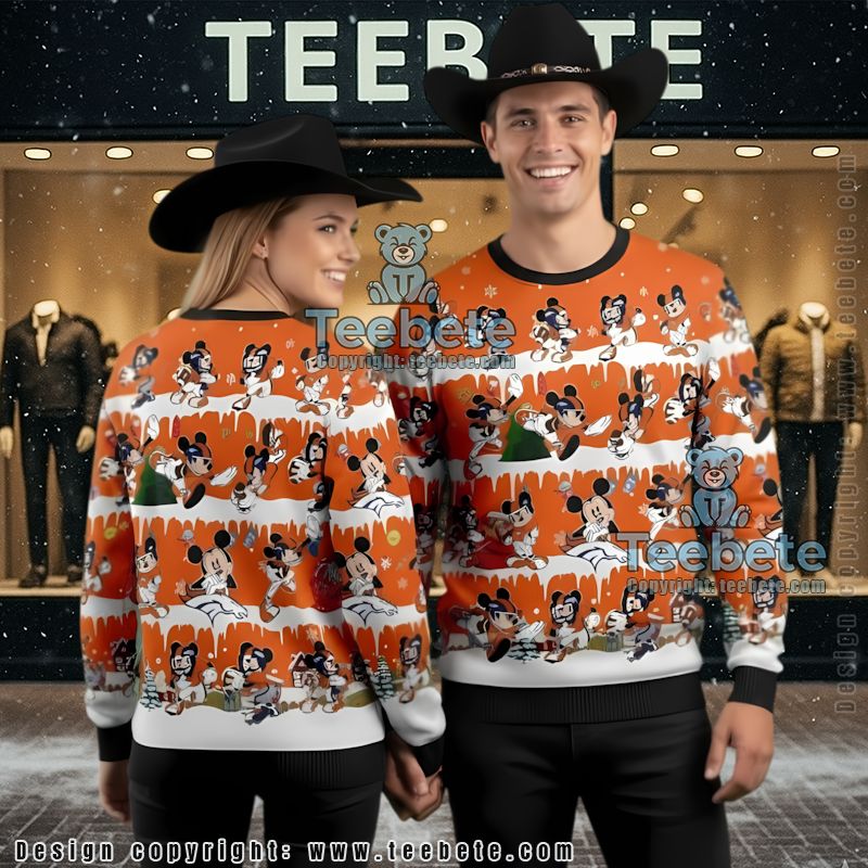 Denver Broncos Mickey Mouse Ugly Christmas Sweater Ladies Black Orange