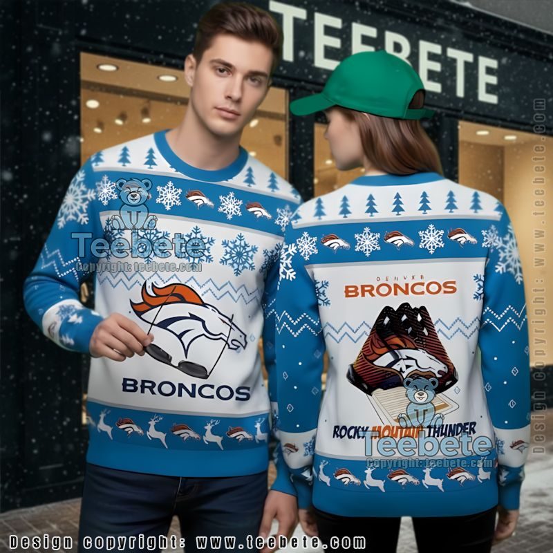 Denver Broncos Rocky Mountain Ugly Christmas Sweater Blue White Ladies