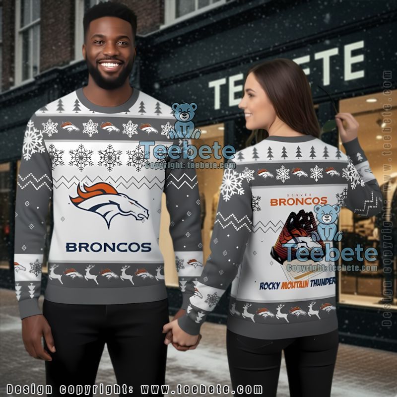 Denver Broncos Rocky Mountain Ugly Christmas Sweater Grey White Light Up