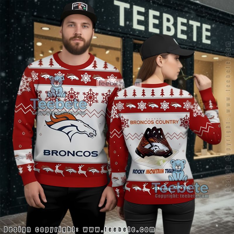 Denver Broncos Rocky Mountain Ugly Christmas Sweater Red White Friends