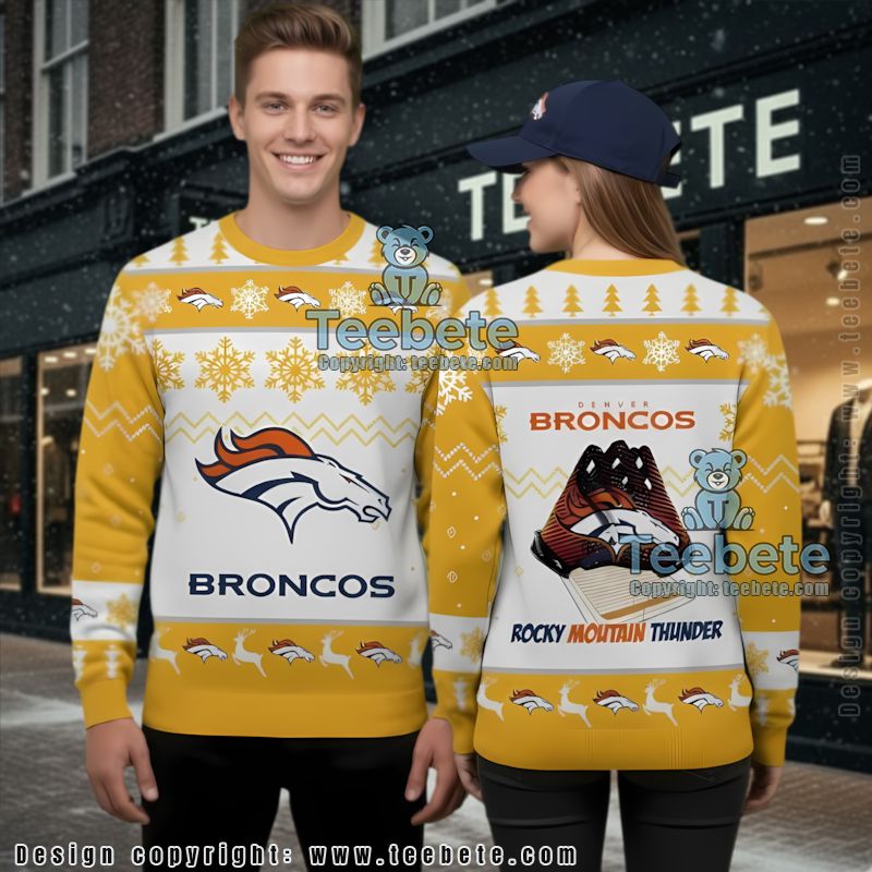 Denver Broncos Rocky Mountain Ugly Christmas Sweater Red White Friends