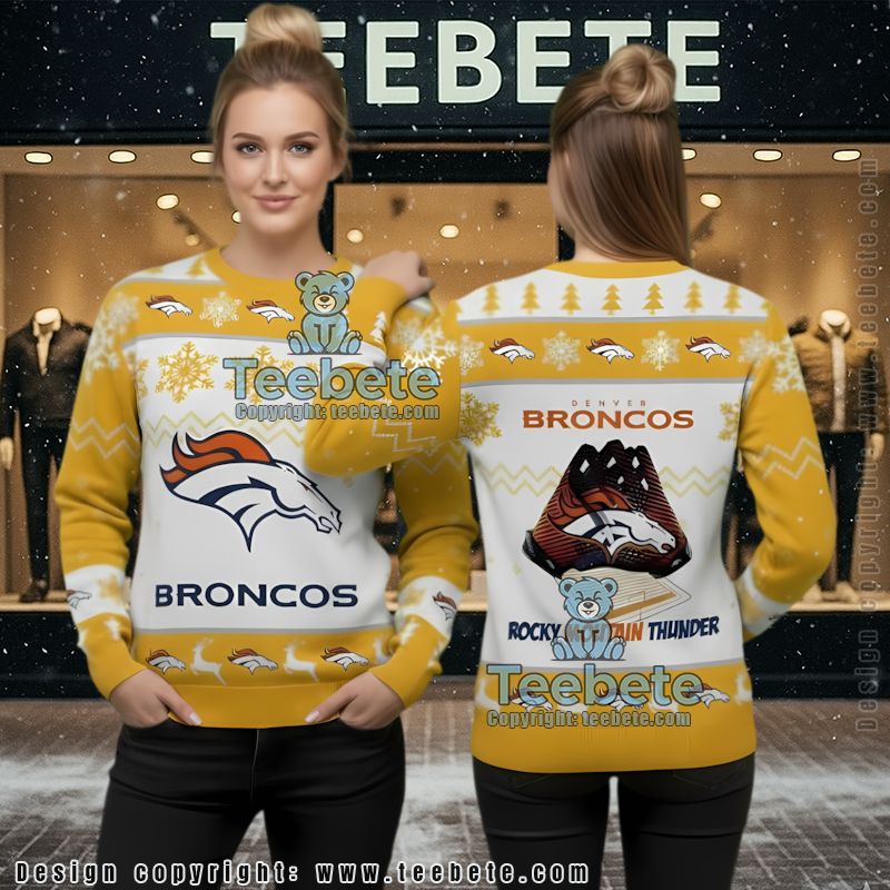 Denver Broncos Rocky Mountain Ugly Christmas Sweater Yellow White Mens Holiday Denver Broncos Rocky Mountain Ugly Christmas Sweater Yellow White Mens Holiday