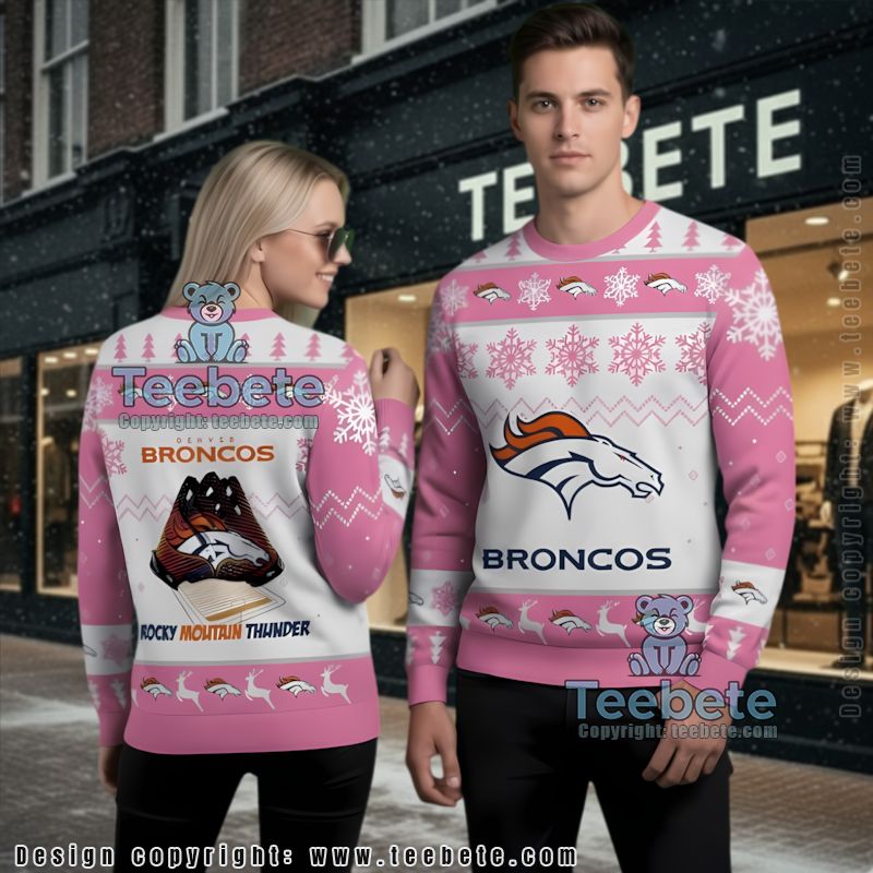 Denver Broncos Rocky Mountain Ugly Sweater Pink White Christmas Party