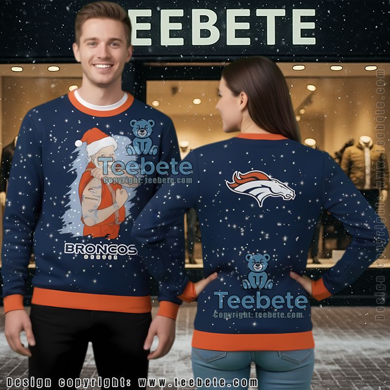 Denver Broncos Santa Claus Tattoo Ugly Christmas Sweater Blue Mens