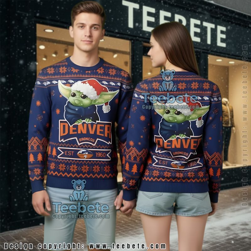 Denver Broncos Santa Grogu Ugly Christmas Sweater Goofy Blue