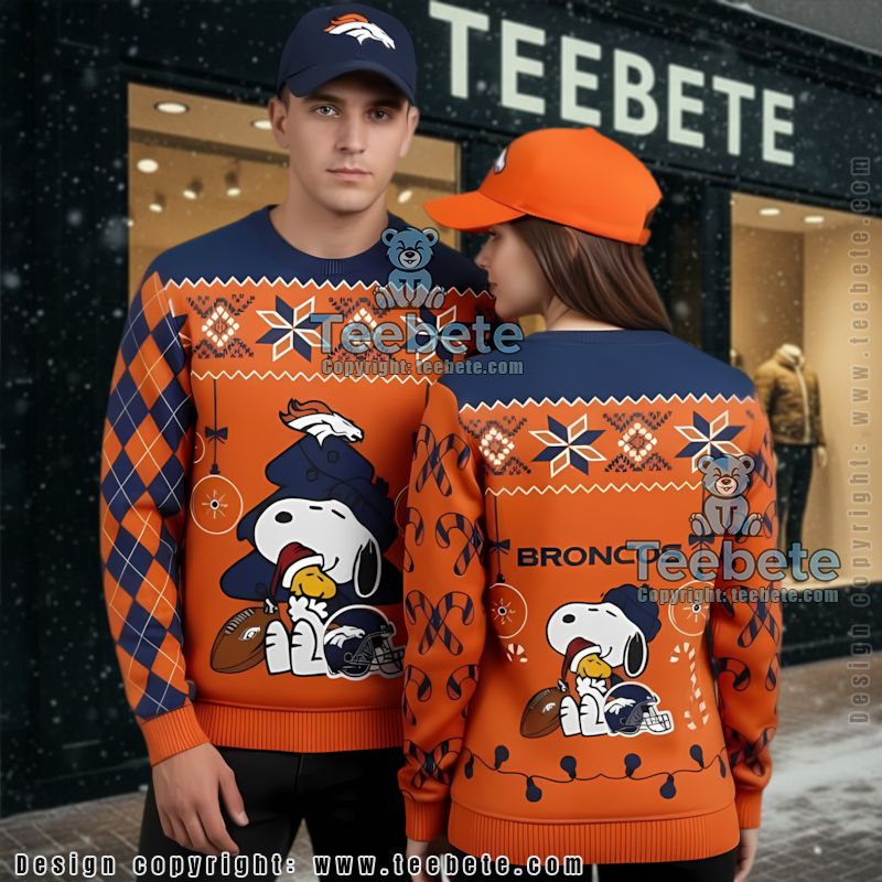 Denver Broncos Santa Woodstock Snoopy Ugly Christmas Sweater Orange Family