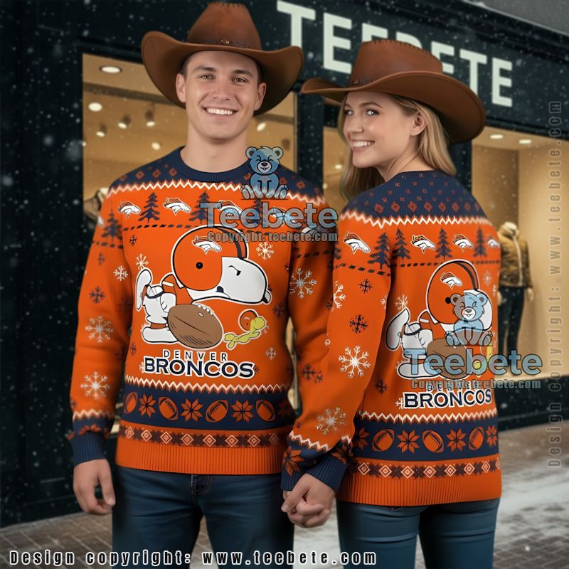 Denver Broncos Snoopy Woodstock Ugly Christmas Sweater Orange Blue Womens