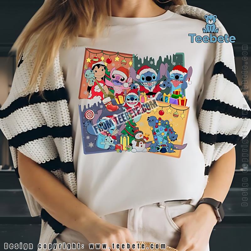 Disney Stitch Santa Hat Shirt Christmas Panels Gift