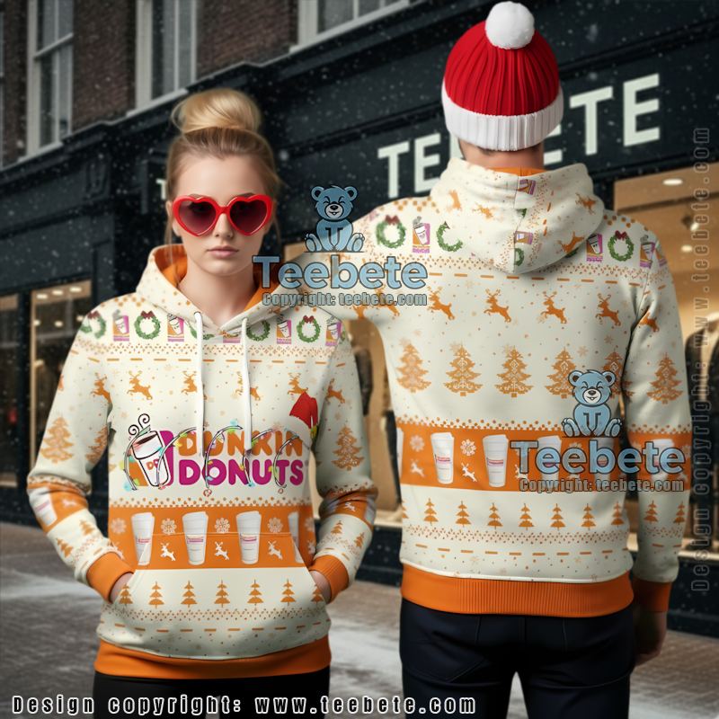 Dunkin Donuts Reindeer Snowy Night Ugly Christmas 3D Hoodie