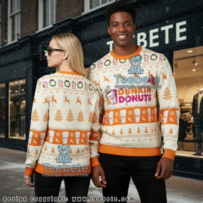 Dunkin Donuts Ugly Christmas Sweater Reindeer Snowy Night