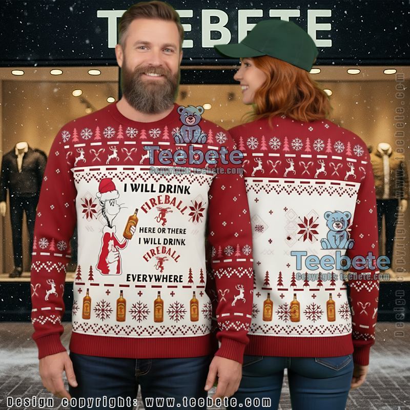 Fireball Whiskey Ugly Christmas Sweater Funny Grinch Drinking Gift Idea