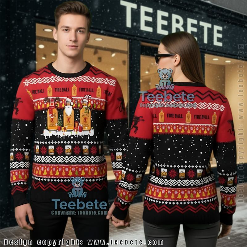 Fireball Whiskey Ugly Christmas Sweater Santa Reindeer Snowflake