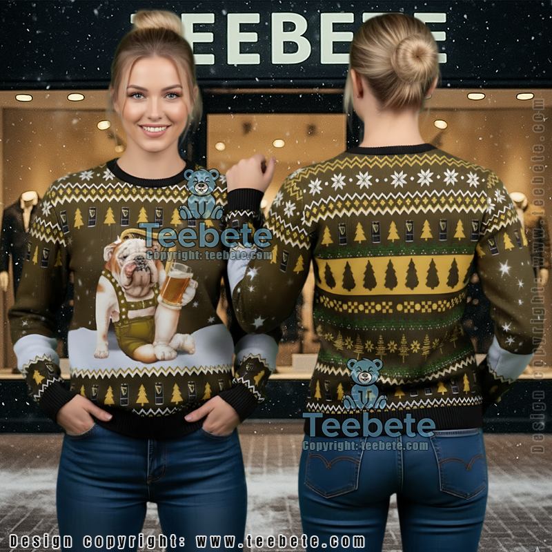 Funny Bulldog Ugly Christmas Sweater Drinking Beer Holiday Outfit