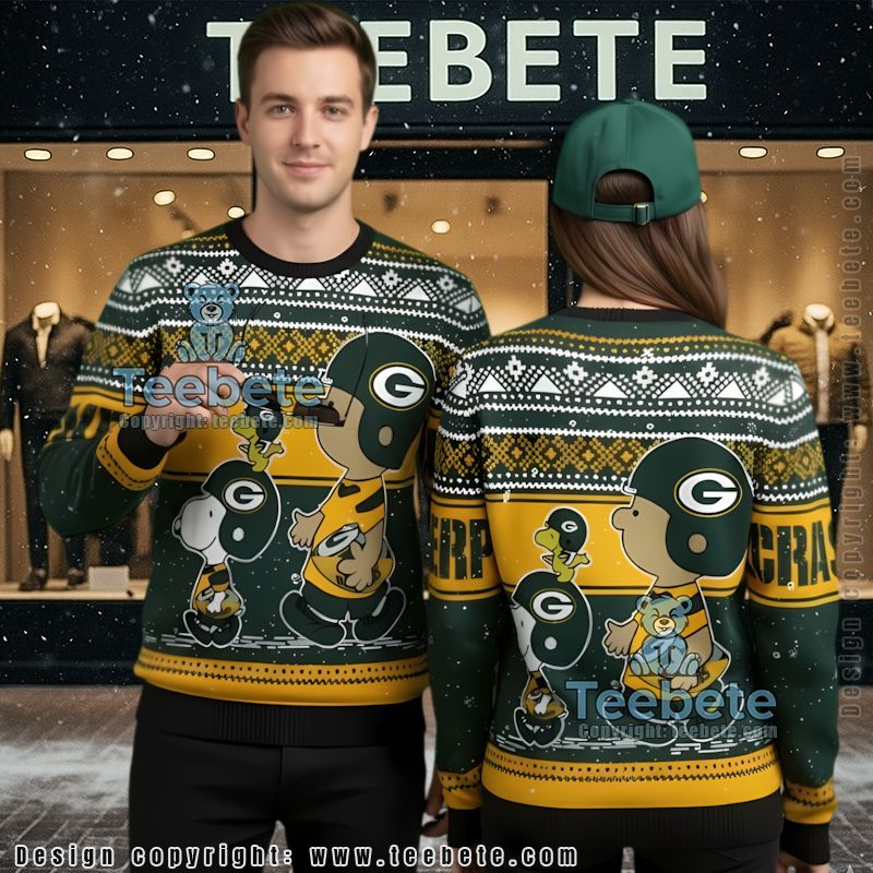 Green Bay Packers Charlie Brown And Snoopy Family Ugly Christmas Sweaters