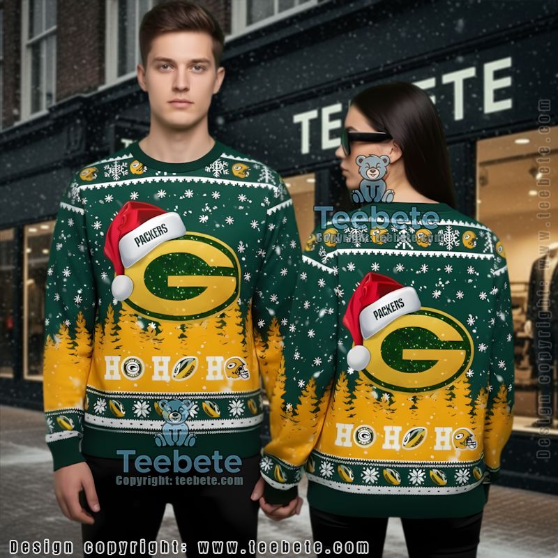 Green Bay Packers Hohoho Santa Hat Funny Ugly Christmas Sweater Yellow