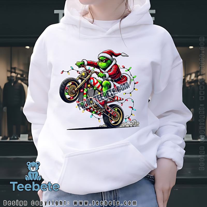Grinch Riding Motorcycle Christmas Lights Hoodie Funny Biker Xmas Grinch Riding Motorcycle Christmas Lights Hoodie Funny Biker Xmas