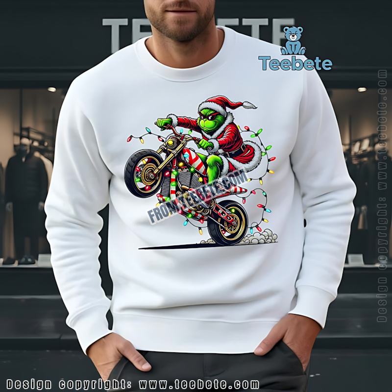 Grinch Riding Motorcycle Christmas Lights Long Sleeve Funny Biker Xmas Grinch Riding Motorcycle Christmas Lights Long Sleeve Funny Biker Xmas
