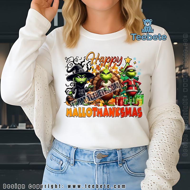 Happy Hallothanksmas Grinch Long Sleeve Halloween Thanksgiving Christmas Mashup Happy Hallothanksmas Grinch Long Sleeve Halloween Thanksgiving Christmas Mashup