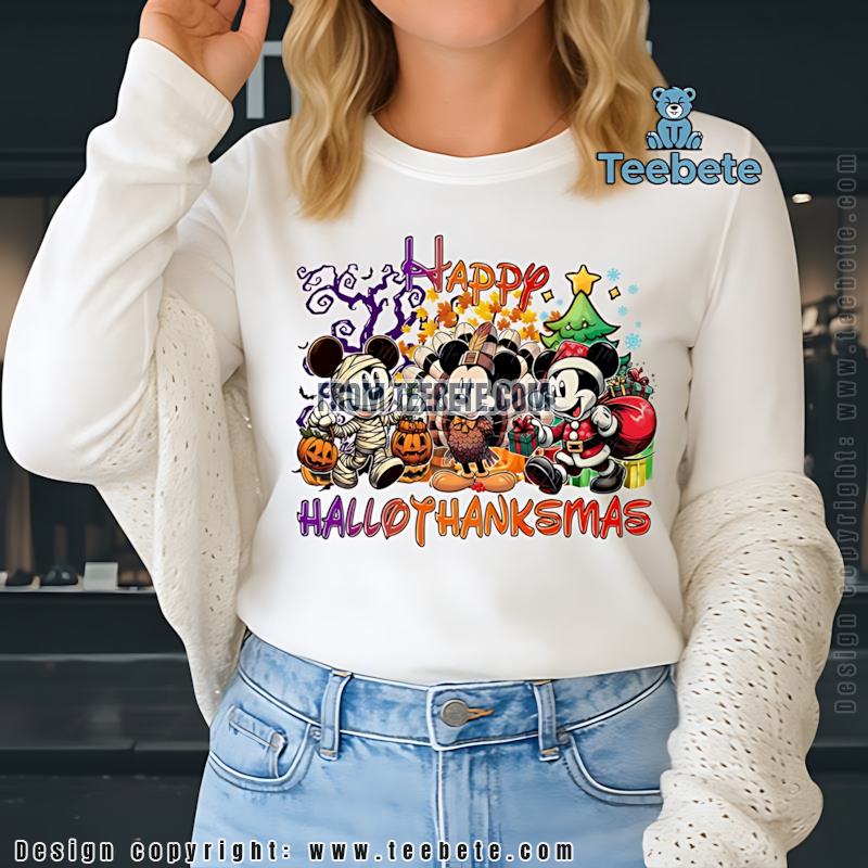 Happy Hallothanksmas Mickey Mouse Long Sleeve Halloween Thanksgiving Christmas Happy Hallothanksmas Mickey Mouse Long Sleeve Halloween Thanksgiving Christmas