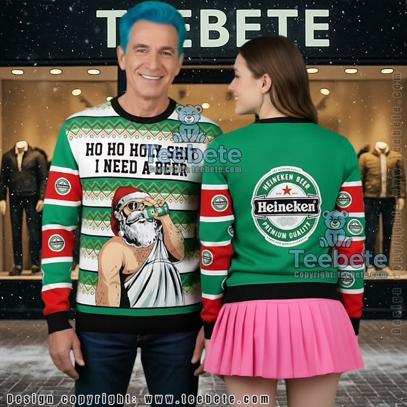 Heineken Ugly Christmas Sweater Santa Claus Drinking Beer Xmas Party Top