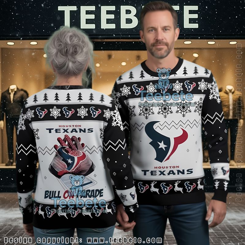 Houston Texans Bulls On Parade Ugly Christmas Sweater Funny Black White
