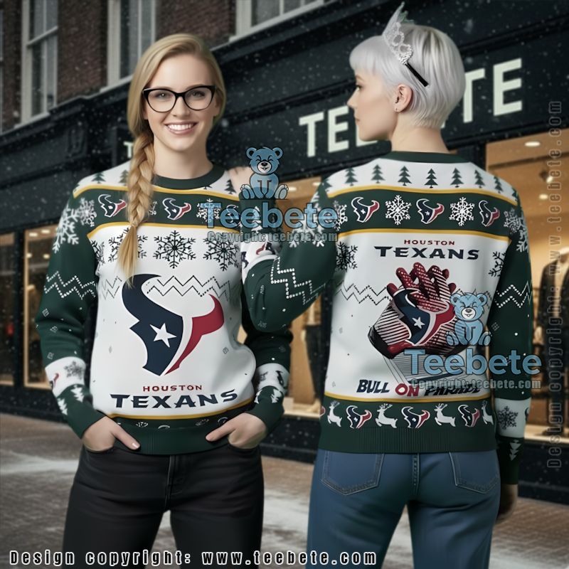 Houston Texans Bulls On Parade Ugly Christmas Sweater Mens Green White Houston Texans Bulls On Parade Ugly Christmas Sweater Mens Green White
