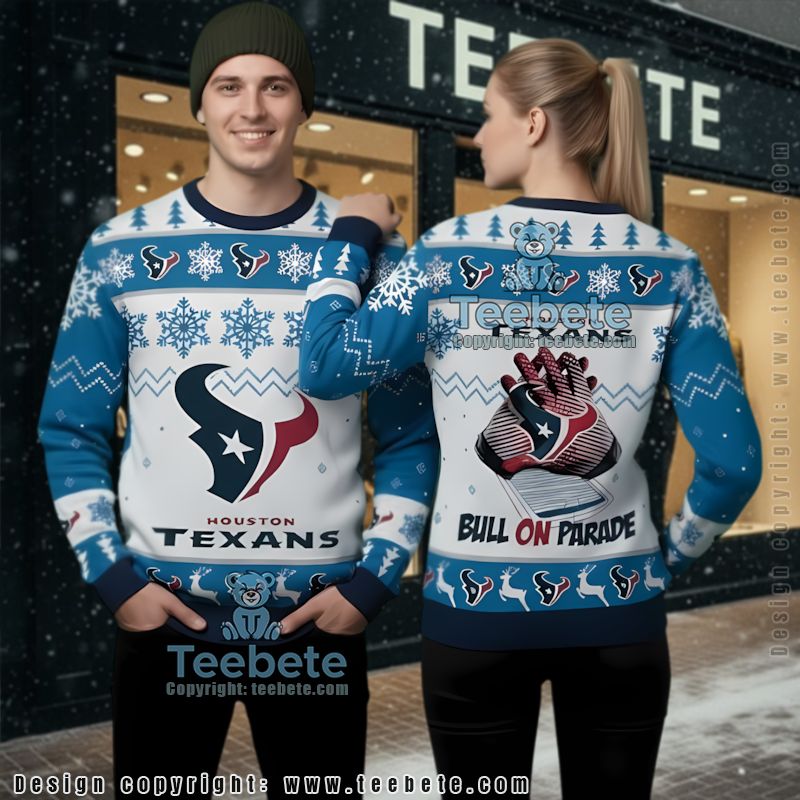 Houston Texans Bulls On Parade Ugly Christmas Sweater White Blue Houston Texans Bulls On Parade Ugly Christmas Sweater White Blue