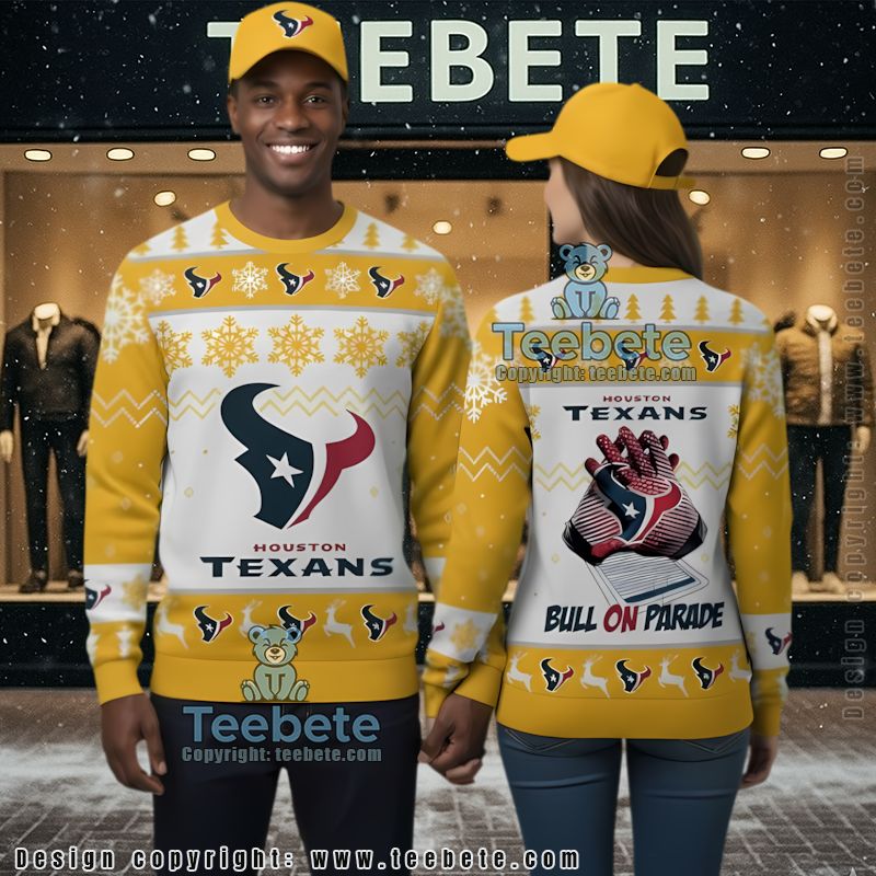 Houston Texans Bulls On Parade Ugly Christmas Sweater Yellow White