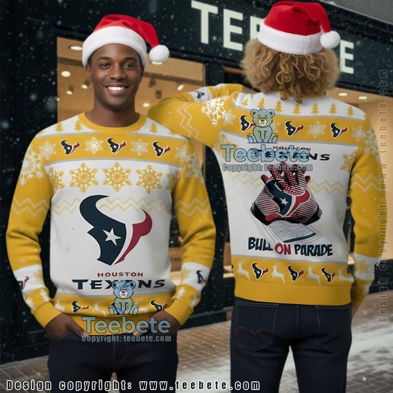 Houston Texans Bulls On Parade Ugly Christmas Sweater Yellow White Houston Texans Bulls On Parade Ugly Christmas Sweater Yellow White